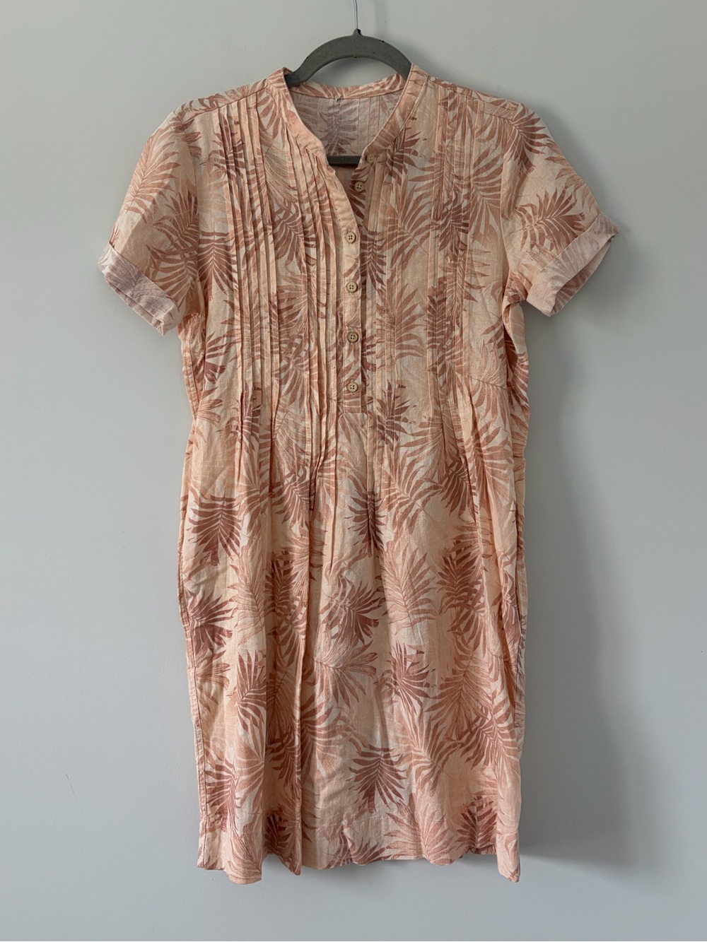 Faherty Gemina Linen Short Sleeve Pintuck Peach Palm Print Mini Dress XS